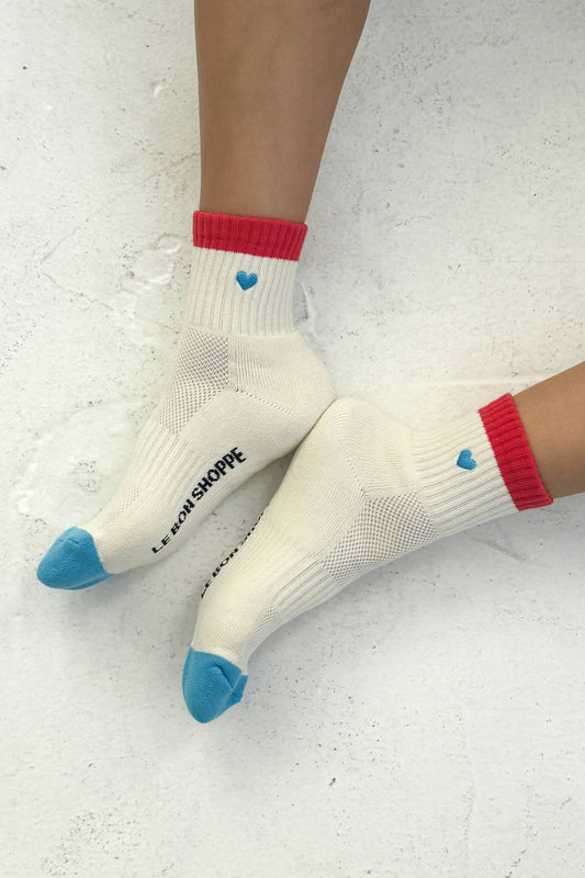 Embroidered Color Block Girlfriend Socks : BLUE RED + HEART