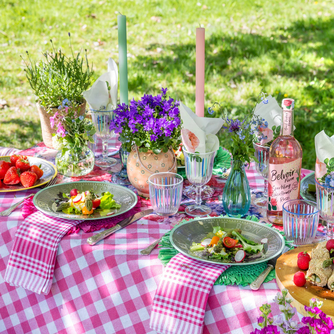 Pink & White Gingham Fabric Tablecloth