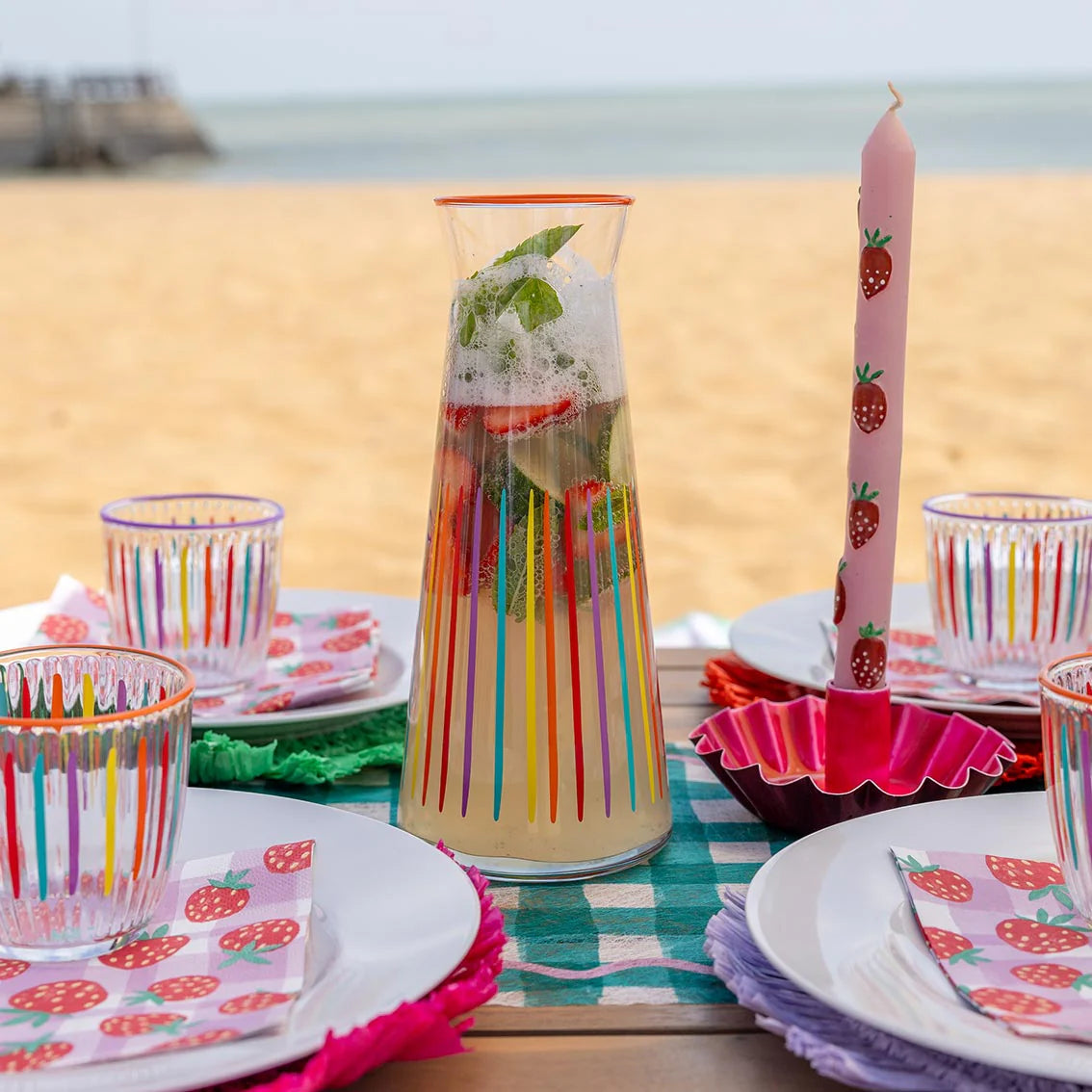 Bright Striped Multi-Coloured Glass Carafe -