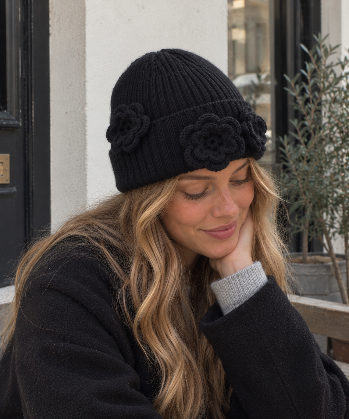 Crochet Flower Knit Beanie