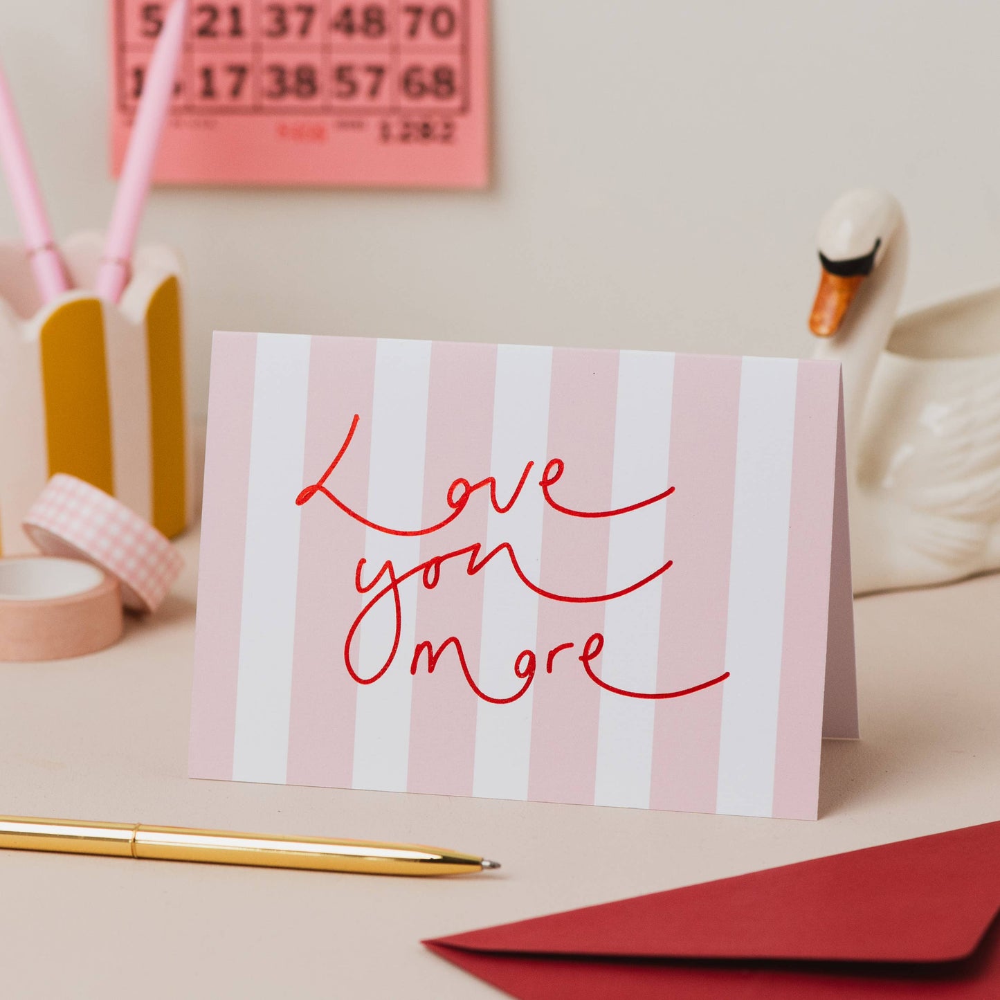 'Love you More' Pink Stripe Valentine's Card: Cellophane