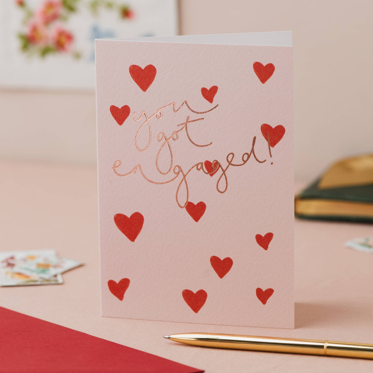 'You got engaged' Hearts Rose Gold Foil Card: Naked