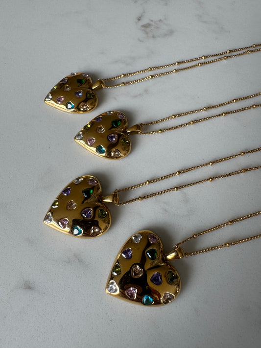 Chunky gem Heart necklace : Multicolored