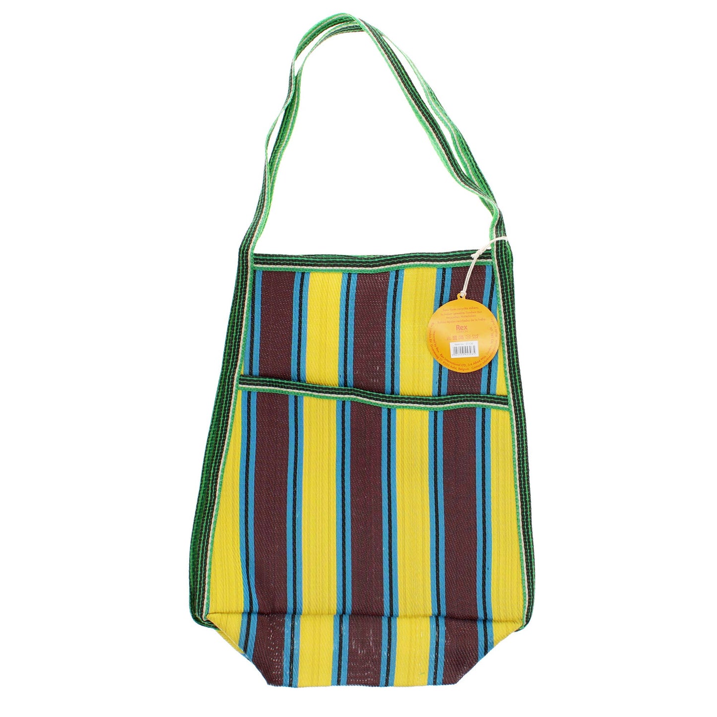 Recycled woven bag with side pocket - Brown, yellow, teal