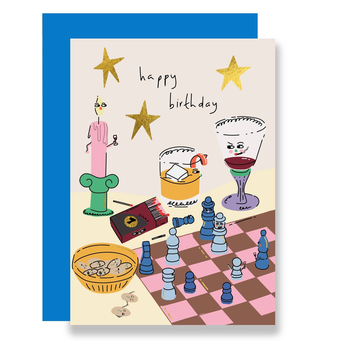 Chess party and drinks birthday card, gold foil
