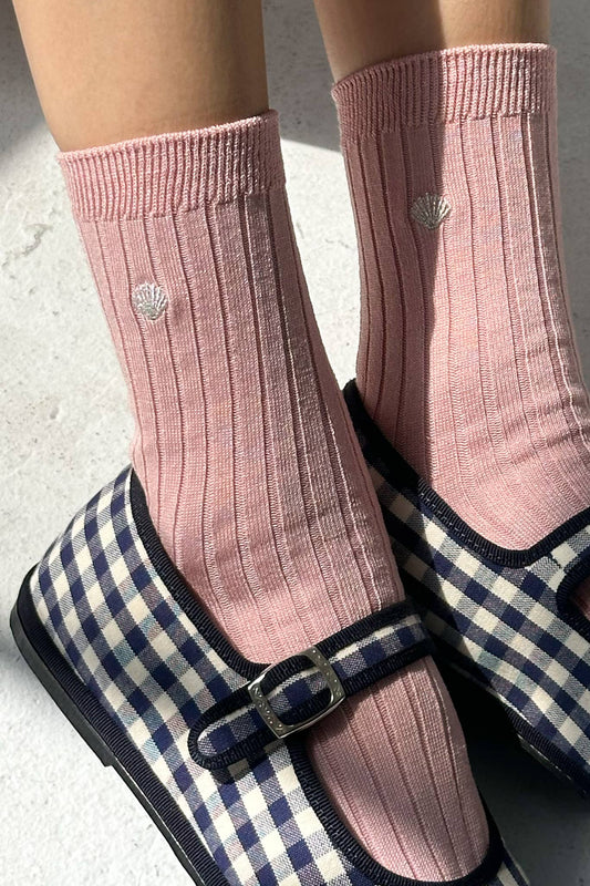 Embroidered Her Socks : Pink Soda + Silver Seashell
