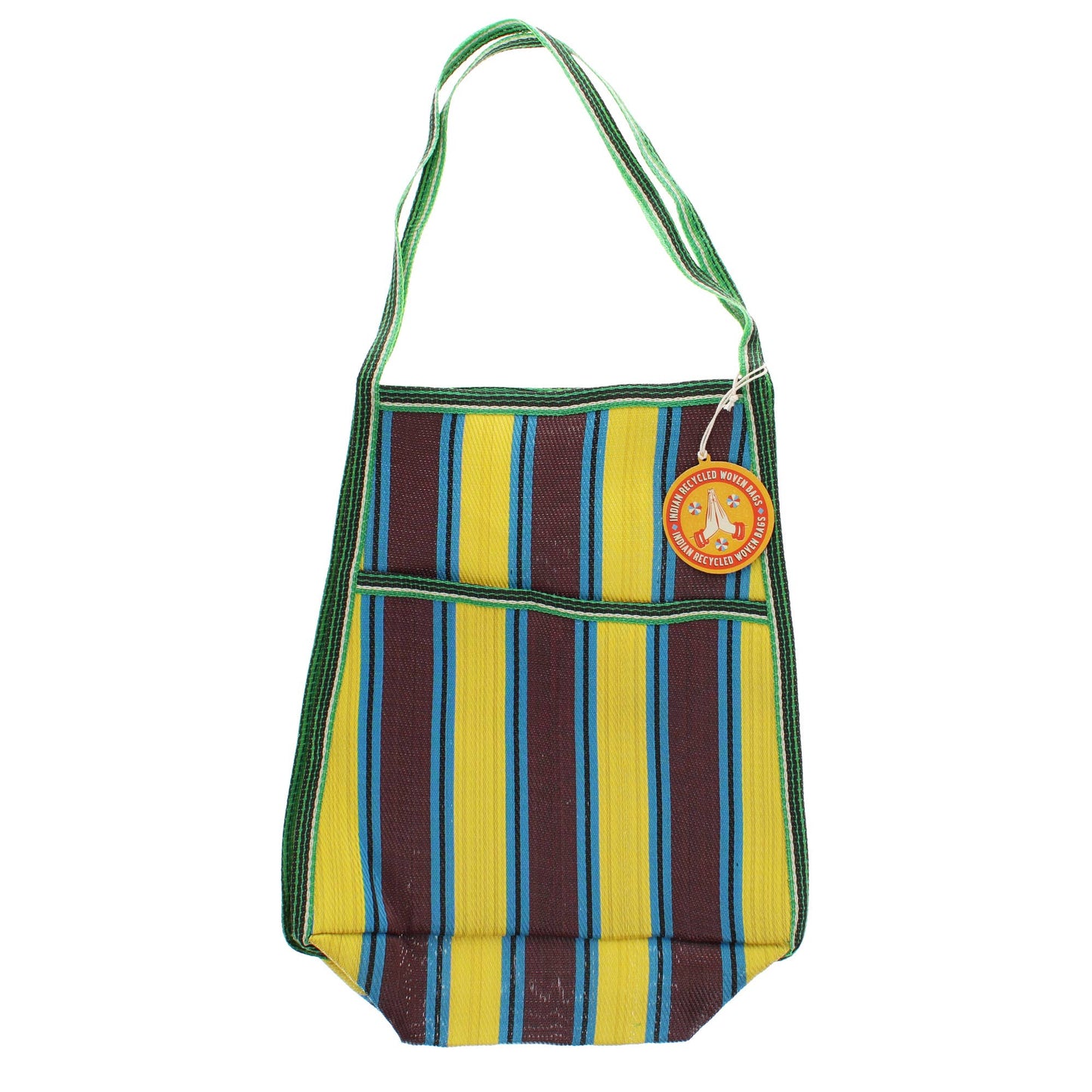 Recycled woven bag with side pocket - Brown, yellow, teal