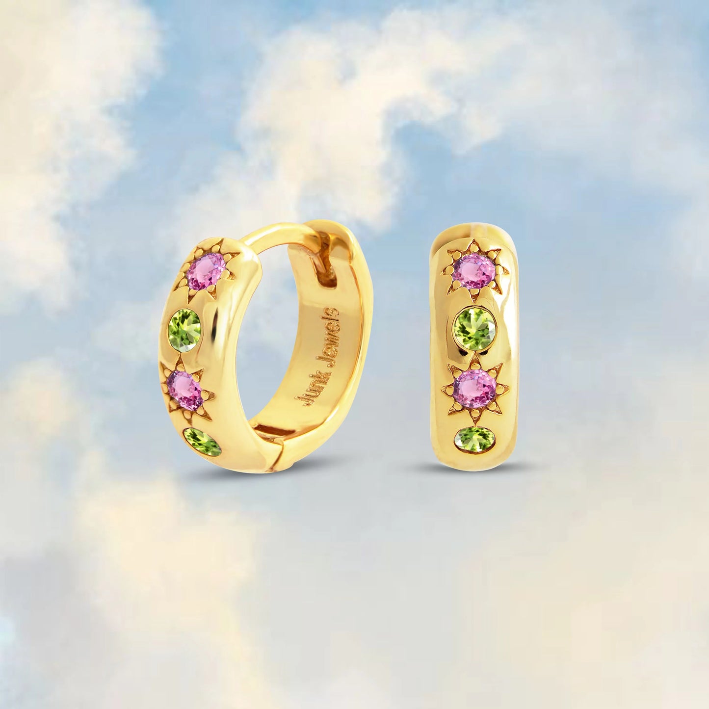 Pink and Green Stone Petite Hoop Earrings