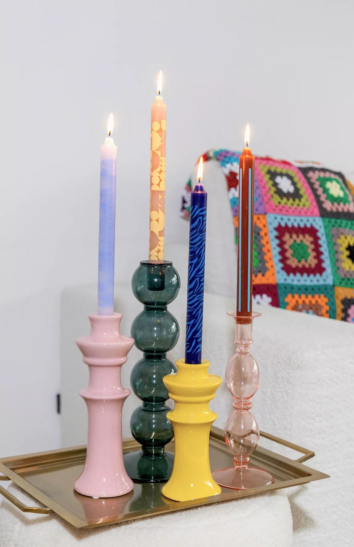 Retro Print Taper Candles - Pack of 4