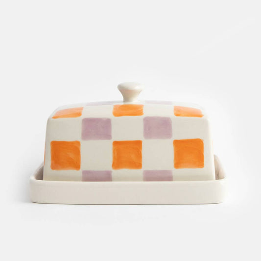 Orange/Lilac Check Butter Dish