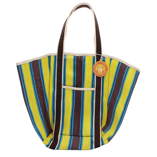Recycled woven tote bag - Brown, yellow, teal