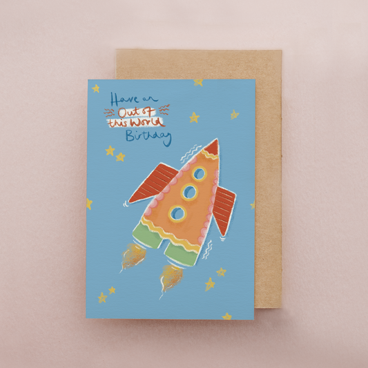Rocketship Birthday Card: Gold Foil Stars, Outer Space