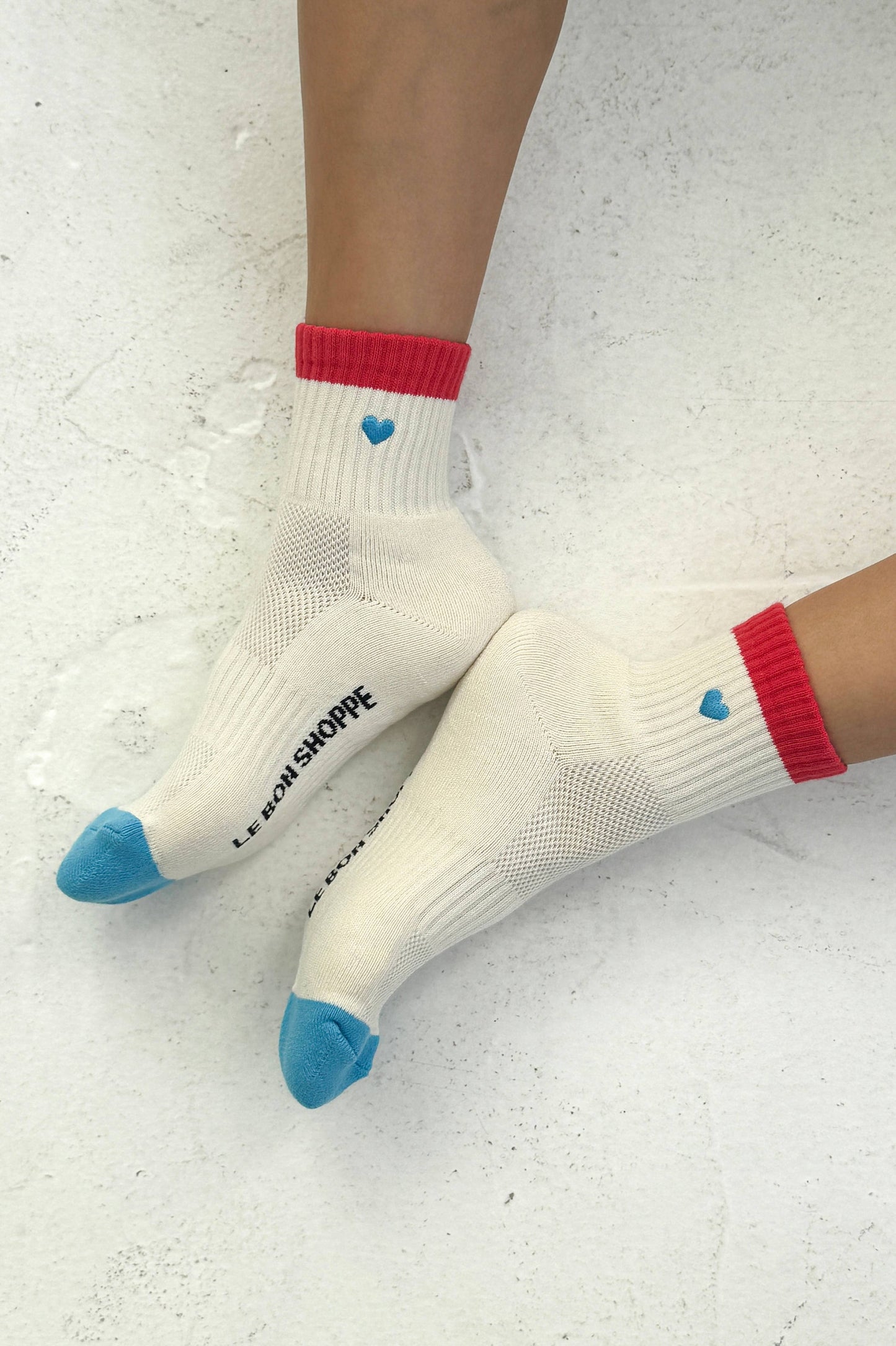 Embroidered Color Block Girlfriend Socks : BLUE RED + HEART