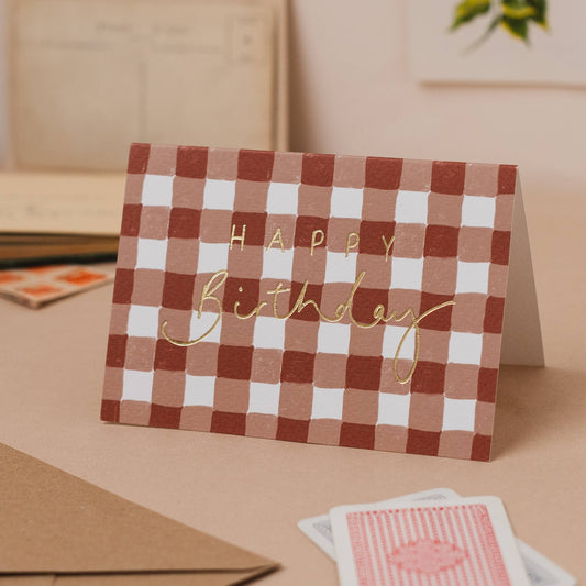 'Happy Birthday' Brown Gingham Gold Foil Birthday Card: Naked