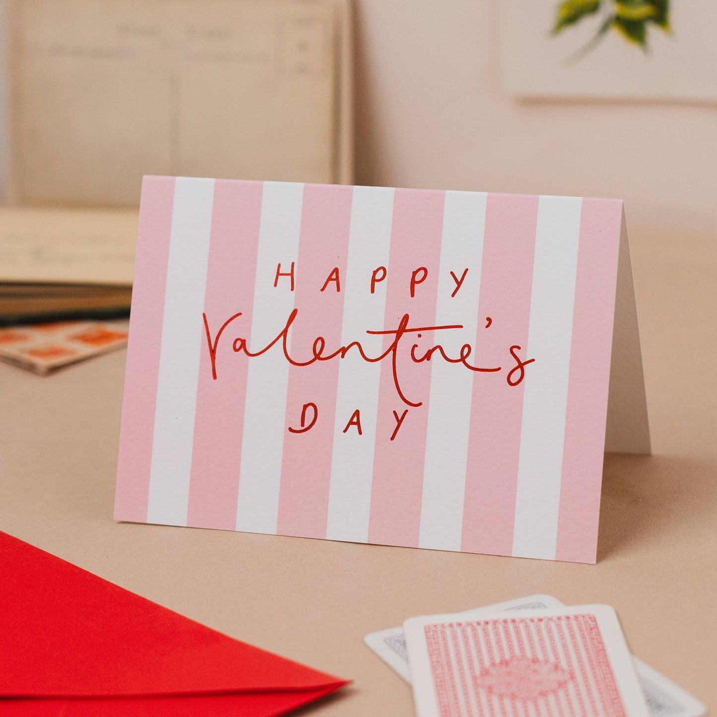 'Happy Valentine's Day' Pink Stripe Red Foil Card: Naked