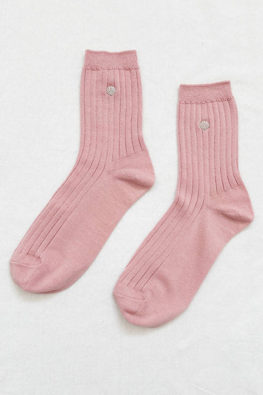 Embroidered Her Socks : Pink Soda + Silver Seashell