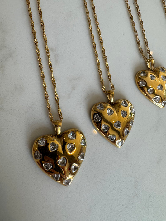 Chunky Gem Heart Necklace : Clear
