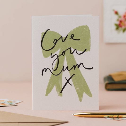 'Love You Mum' Bow Handwriting Mother's Day Card: Naked