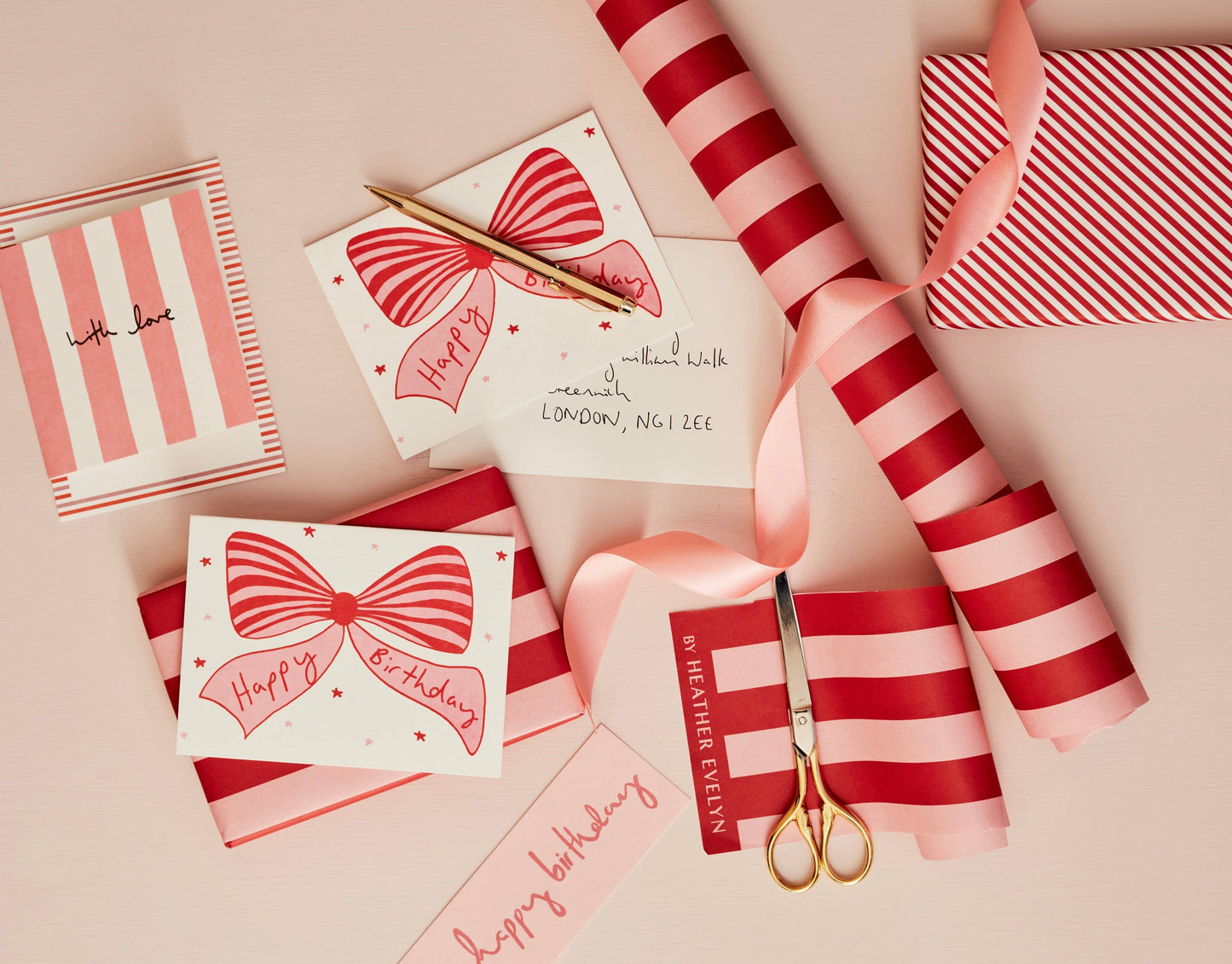 Bows Birthday Card Pink & Red: Pink / Matte