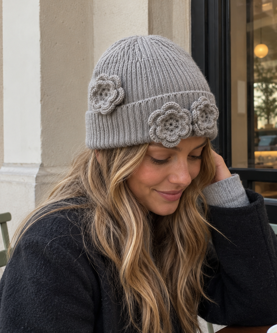 Crochet Flower Knit Beanie