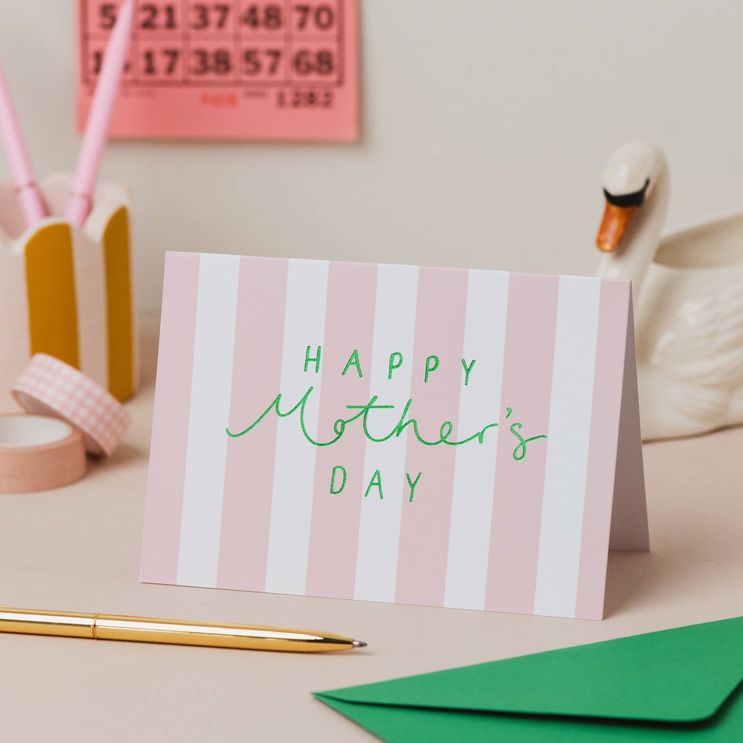 'Happy Mother's Day' Pink Stripe Green Foil Card: Naked