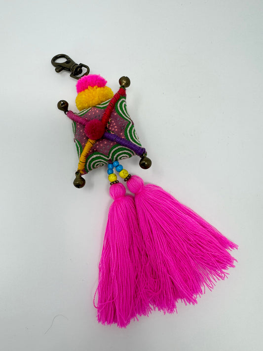 Embroidered tassel keyring : Deep Pink