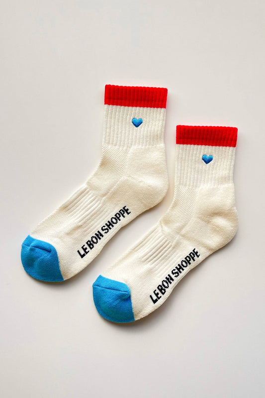 Embroidered Color Block Girlfriend Socks : BLUE RED + HEART
