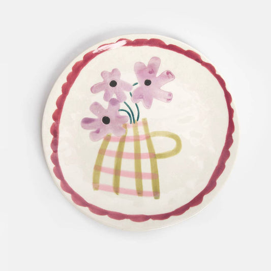 Flowers in Vase/Wine Scallop Border Round Plate
