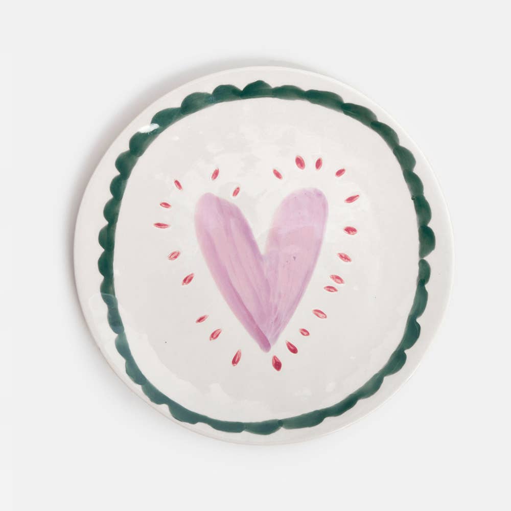 Lilac Heart/Teal Scallop Border Round Plate