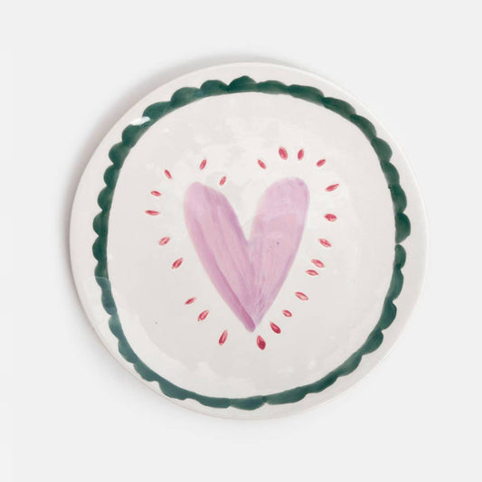 Lilac Heart/Teal Scallop Border Round Plate
