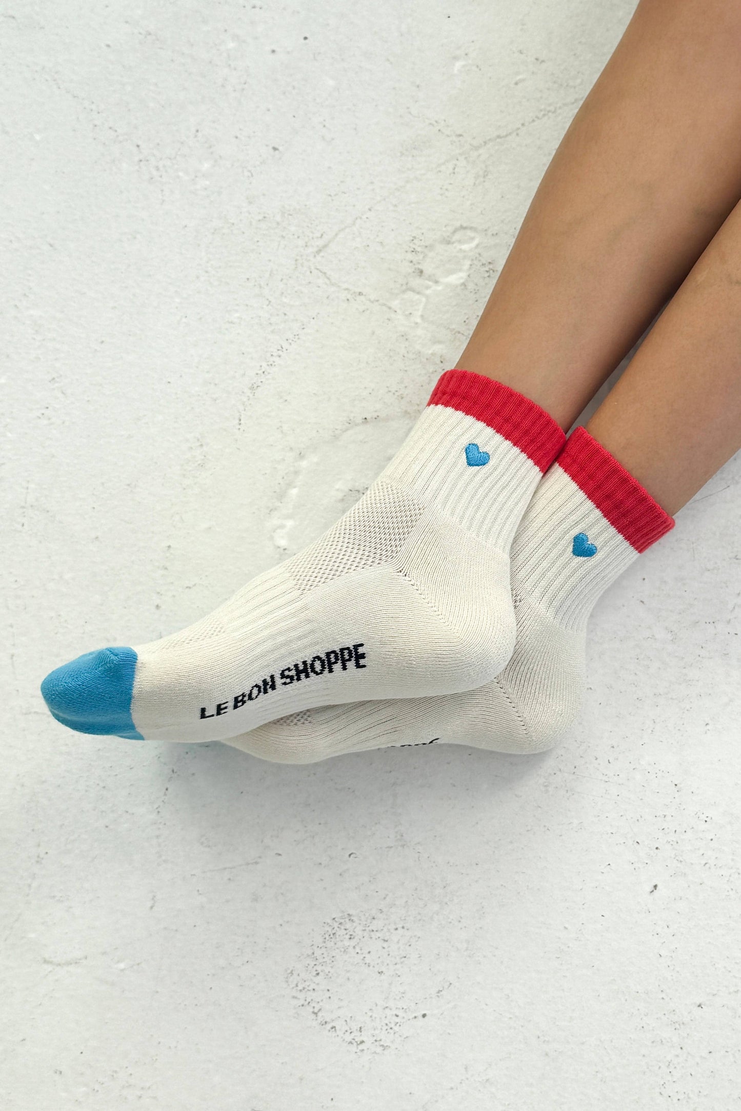 Embroidered Color Block Girlfriend Socks : BLUE RED + HEART