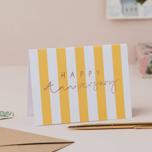 'Happy Anniversary' Yellow Stripe Hand Lettered Card: Naked
