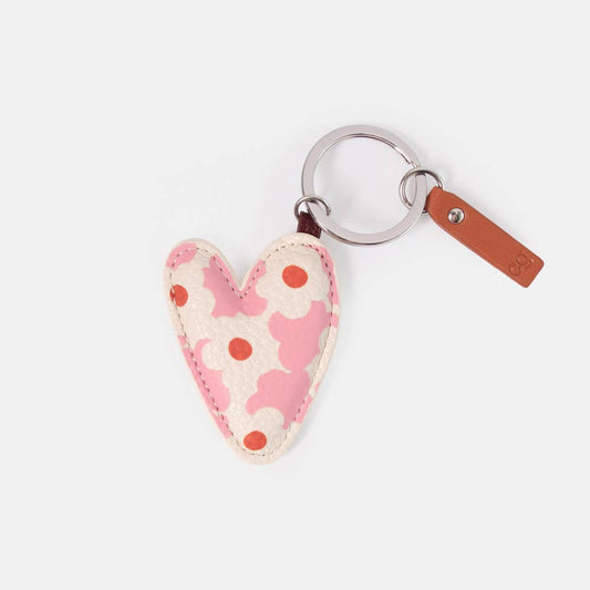 Pink Flower Printed Heart Keyring