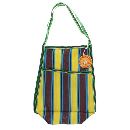 Recycled woven bag with side pocket - Brown, yellow, teal