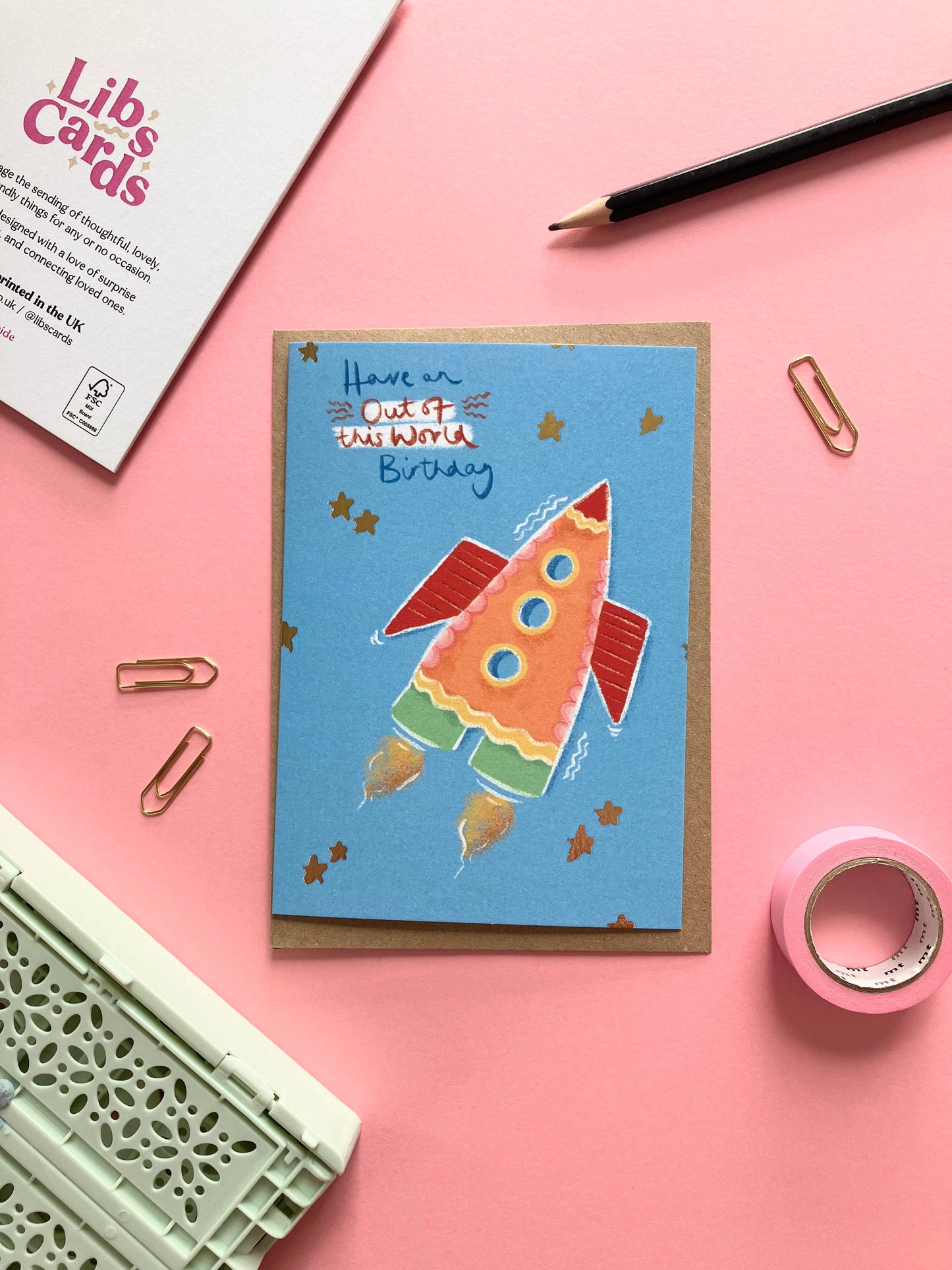 Rocketship Birthday Card: Gold Foil Stars, Outer Space