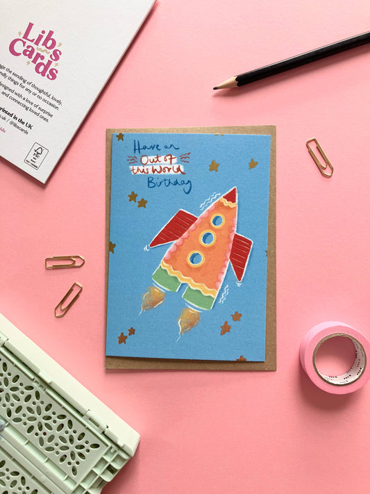 Rocketship Birthday Card: Gold Foil Stars, Outer Space